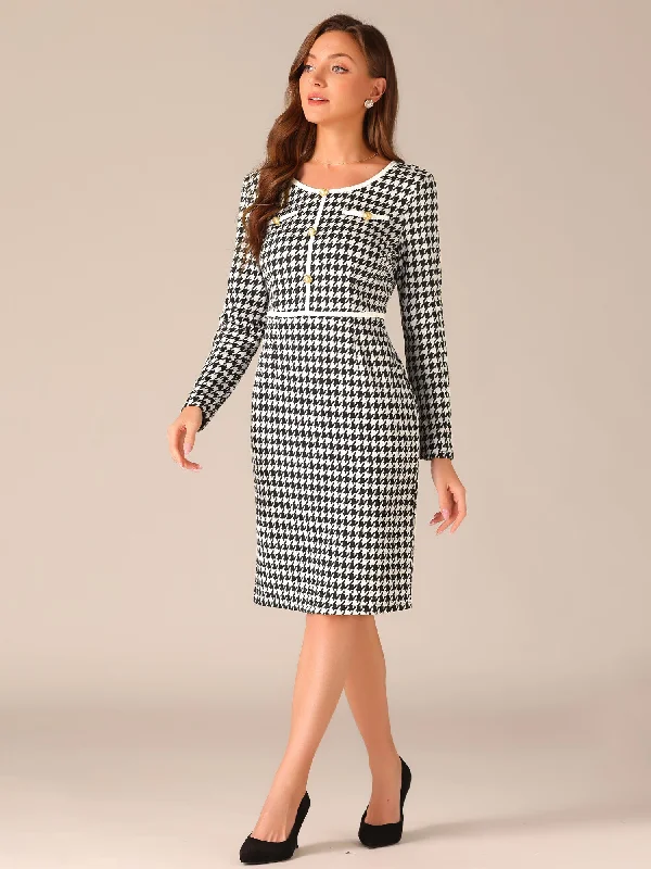 women's checkered dressesHoundstooth Round Neck Long Sleeve Sheath Midi Dress