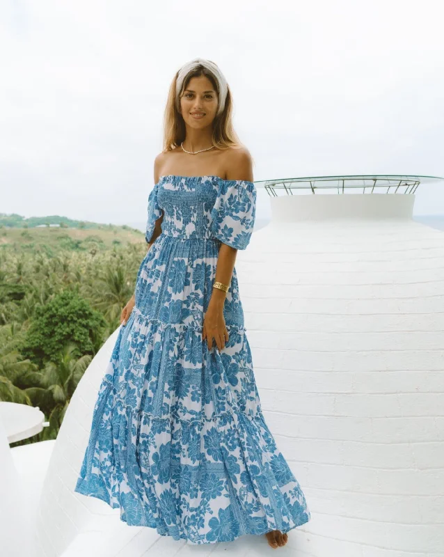 Tulle DressTatiana Blue Floral Boho Tiered Maxi Dress