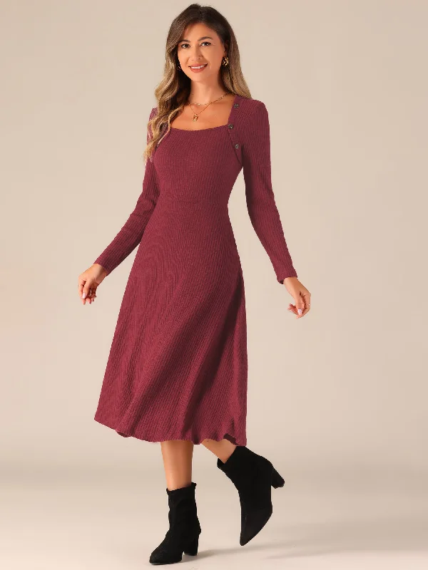 women's plus-size dressesCasual Square Neck A-Line Pockets Midi Knitted Sweater Dress