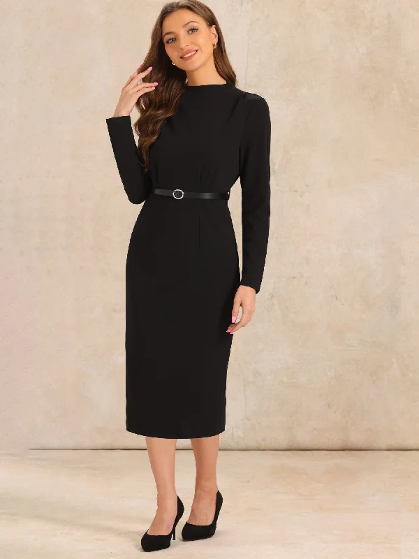 women's lightweight dressesSolid Color Belted Long Sleeves Work Midi Sheath Dress