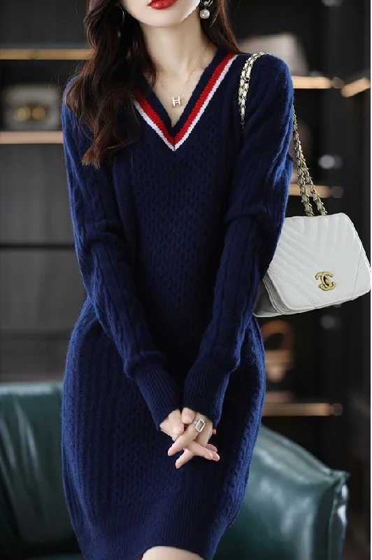 women's bell-sleeved dressesV Neck Knit Mini Dress