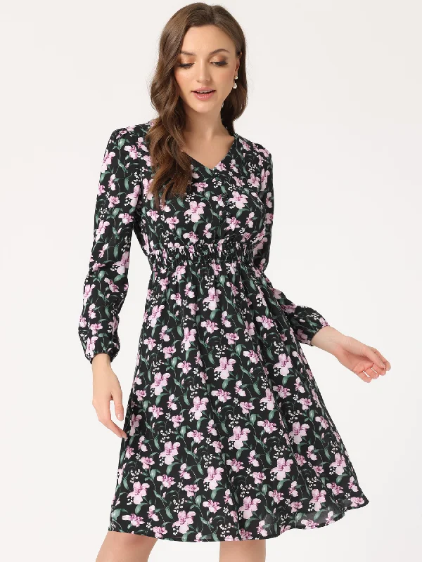 Casual DressFloral Print V-Neck Long Sleeve Smocked Waist Midi Dress