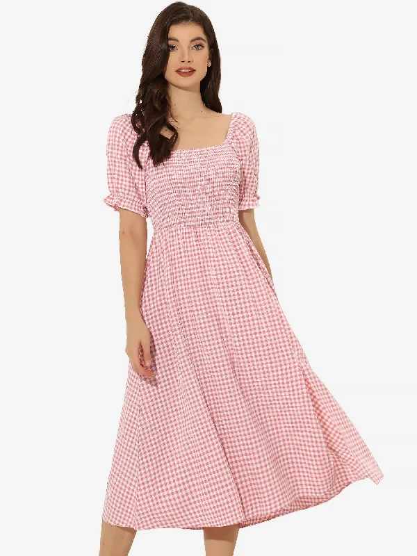 Ribbon DressVintage Smocked Front Shirred Tie Back Checks Slit Side Gingham Midi Dress