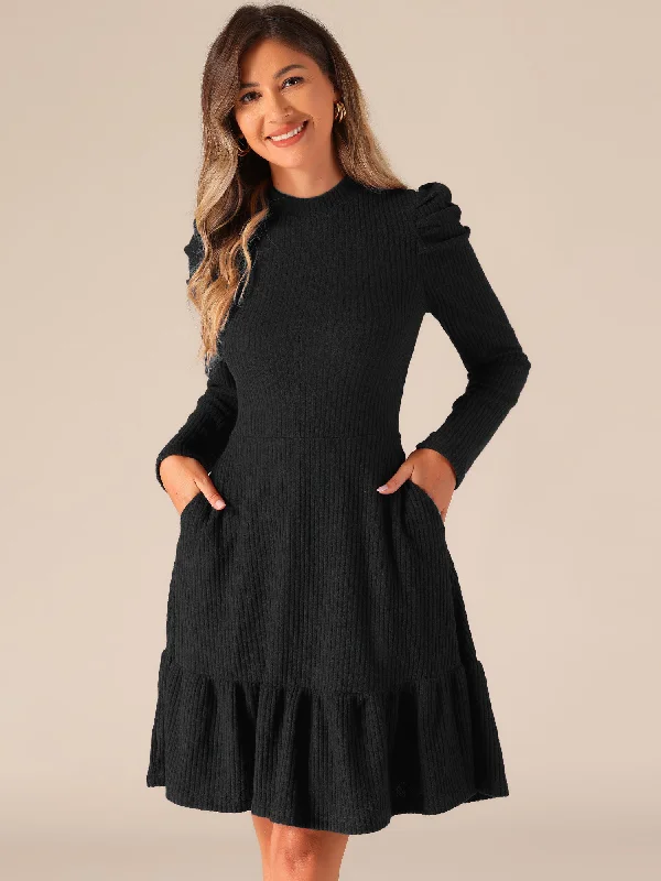 Fit-And-Flare DressStretchy Puff Long Sleeve Ruffle Hem Knit Midi Sweater Dress