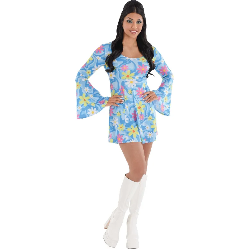 Statement Dress60s Hippie Mini Dress for Adults, Blue Floral Dress