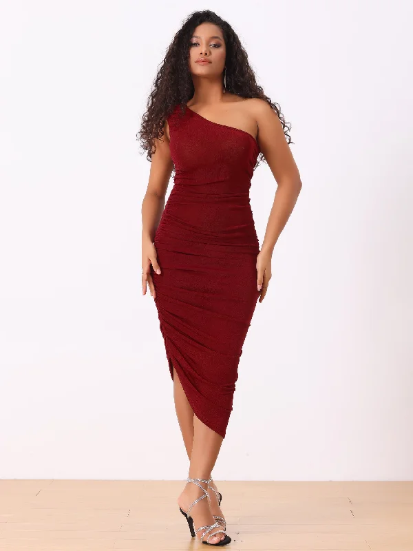 Cold-Shoulder DressRuched Bodycon Sleeveless One Shoulder Irregular Hem Prom Midi Dress