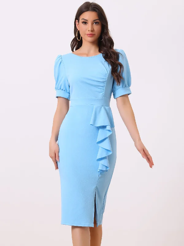 women's limited-edition dressesPuff Sleeve Solid Color Ruffle Slit Bodycon Midi Dress