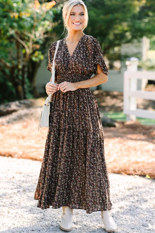 women's petite dressesOut In The Open Brown Ditsy Floral Maxi Dress