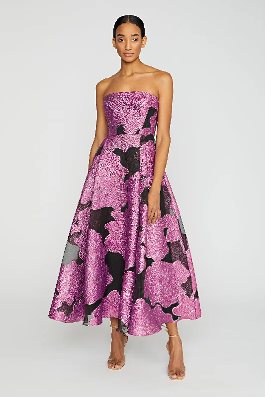 Chiffon DressStrapless Jacquard Midi Dress -  French Fuchsia/Black