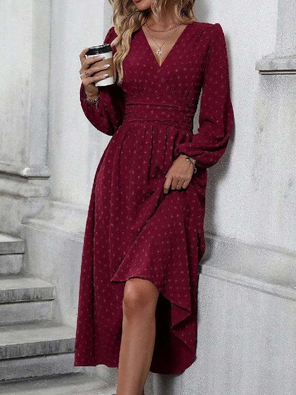 women's flutter-sleeved dressesV Neck Swiss Dots Lantern Long Sleeve Midi Dress