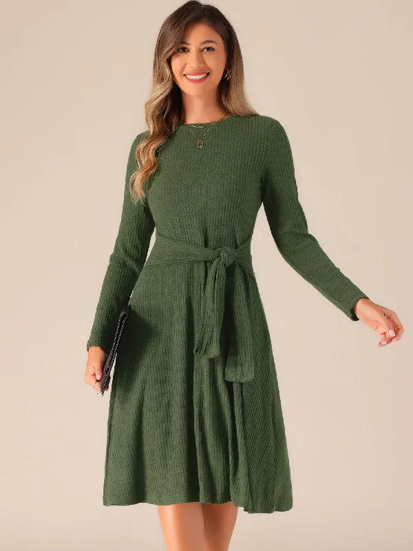 women's designer dressesRibbed Knit Crew Neck Long Sleeve Midi Sweater Dress