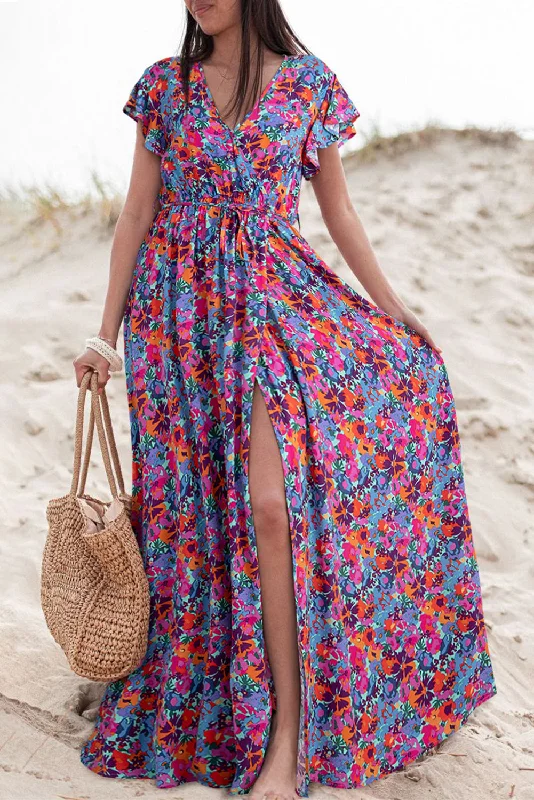 women's easy-to-wear dressesBlue Floral Print V Neck Wrap Split Maxi Dress