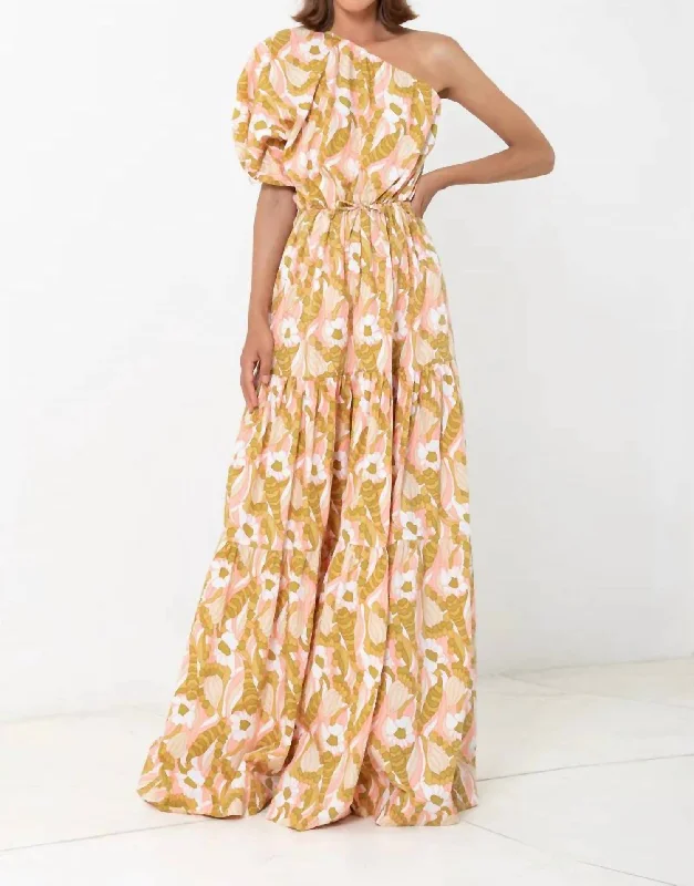 Button-Down DressOne Shoulder Puff Sleeve Maxi Dress In Duomo