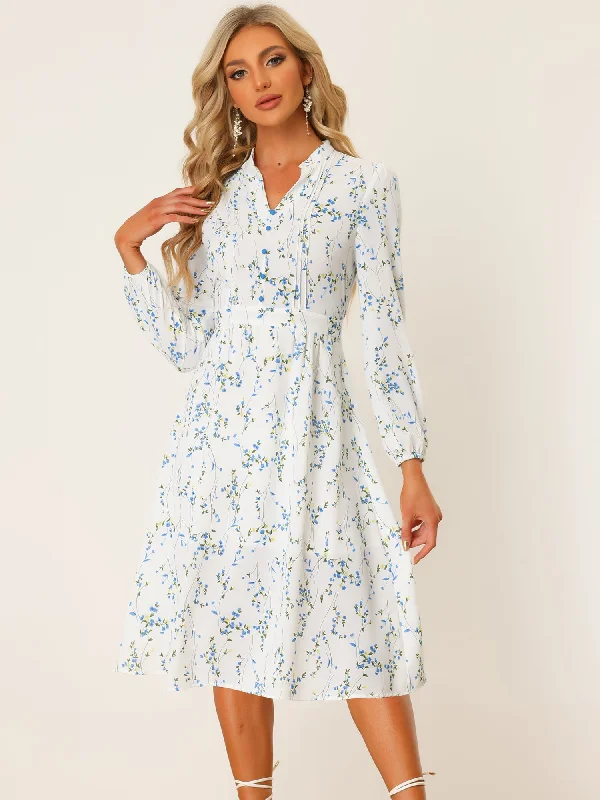 A-Line DressFloral Print Long Sleeve Spring Flowy Midi Boho Dress