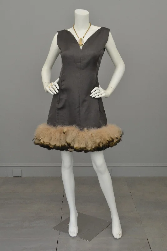 women's fair-trade dresses1960s Mocha Feather Trim MOD Mini Dress, Mad Men