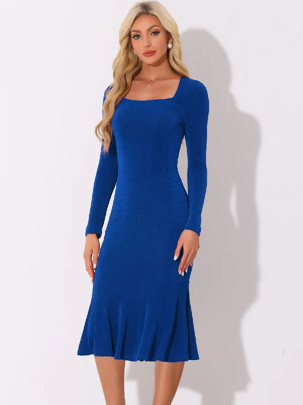 women's luxury dressesSquare Neck Long Sleeve Bodycon Fishtail Midi Dress