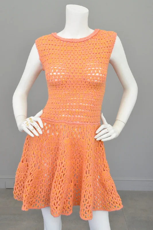 women's chiffon dresses1960s 70s Pink + Yellow = Orange Yarn Crochet Mini Dress