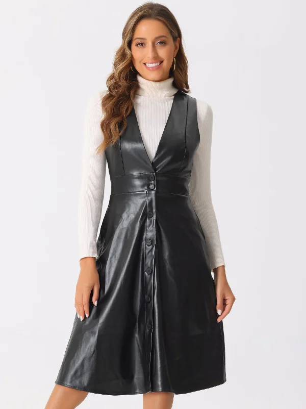 women's affordable dressesFaux Leather V Neck Sleeveless Button Down Midi Dress