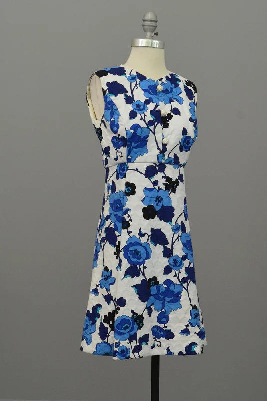 women's designer dressesVintage 1960s Blue on White Floral Novelty Print Mini Babydoll Dress, XS