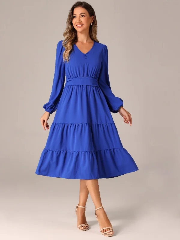 Scoop-Neck DressLantern Sleeve Pocketed Ruffled Tiered A-Line Midi Dress