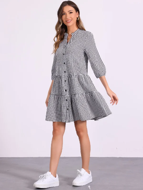 High-Low DressPlaid 3/4 Sleeve Tiered A-Line Midi Shirt Dress