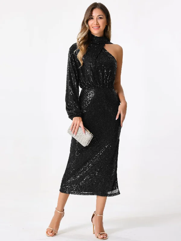 Bell-Sleeve DressSequin One Shoulder Long Sleeve Slit Sheath Midi Dress