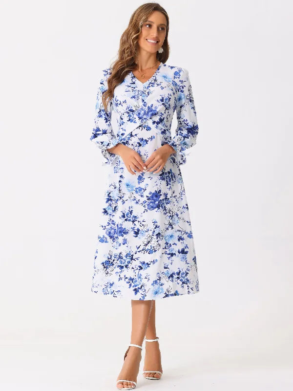 women's ruffle dressesFloral V Neck Twist Waist Ruffle Long Sleeve Elegant Midi Dress