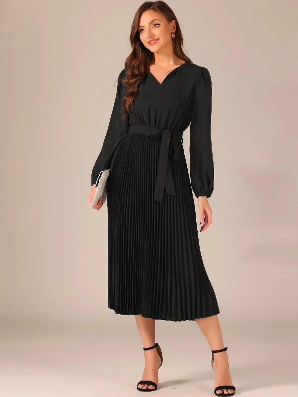 women's stylish dressesSolid V-Neck Long Sleeve Belted Pleated Midi Dress