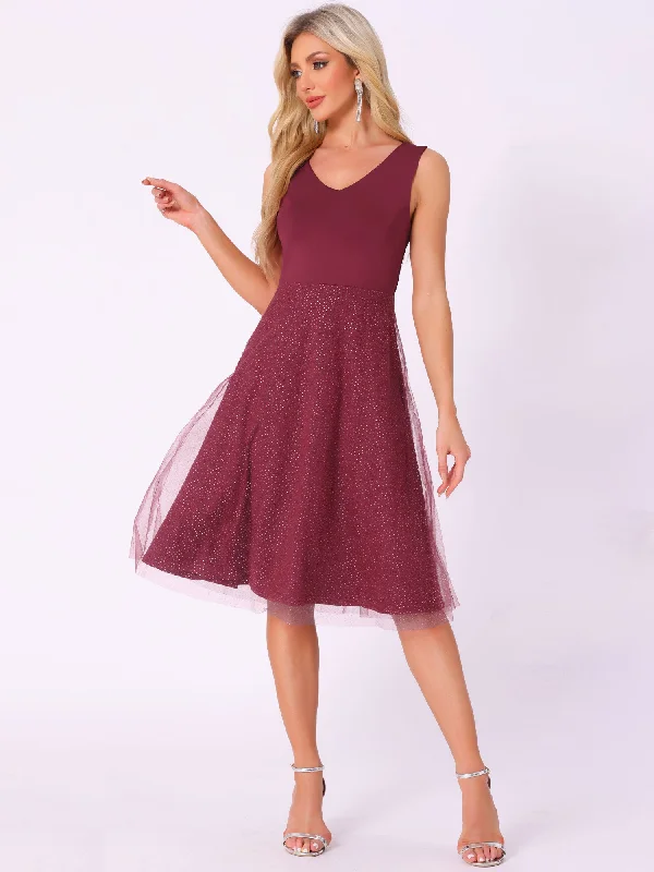 Lace DressV Neck Sleeveless Glitter Midi A-Line Dress