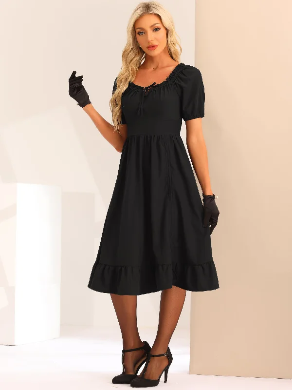 women's shift dressesVintage Ruffle Square Neck Smocked Back Ruched High Low Ruffle Midi Dress