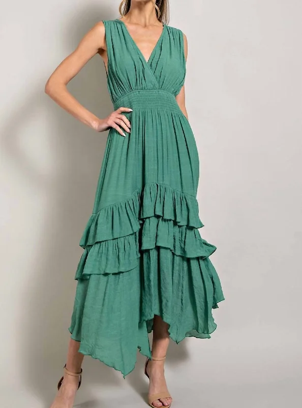 Plunging Neckline DressSmocked Ruffle Maxi Dress In Sage