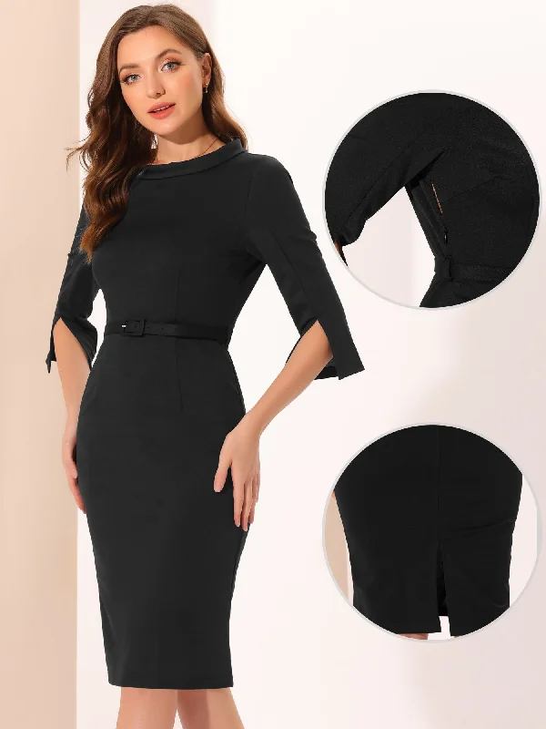 women's lace-up dressesOffice 3/4 Sleeves Belted Mock Neck Pencil Midi Dress