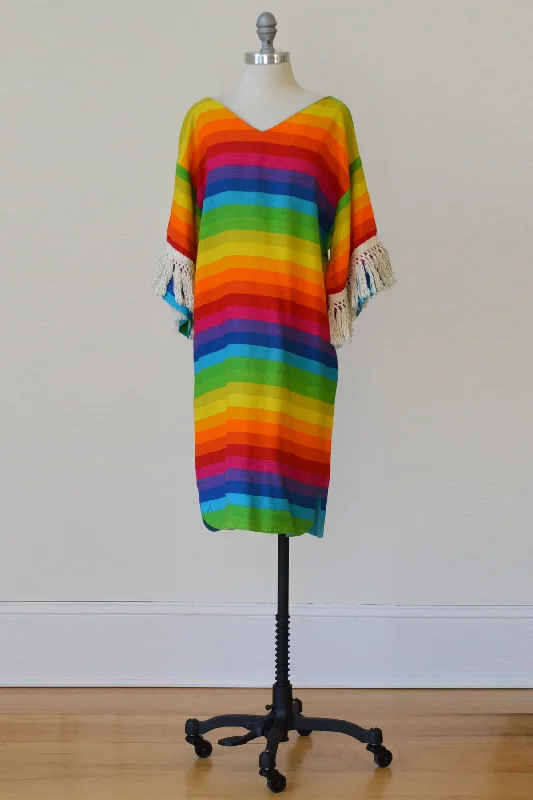 Evening Dress1970s Umbrella Striped Hippie Chic Mini Dress Tunic Cover-Up with Fringe