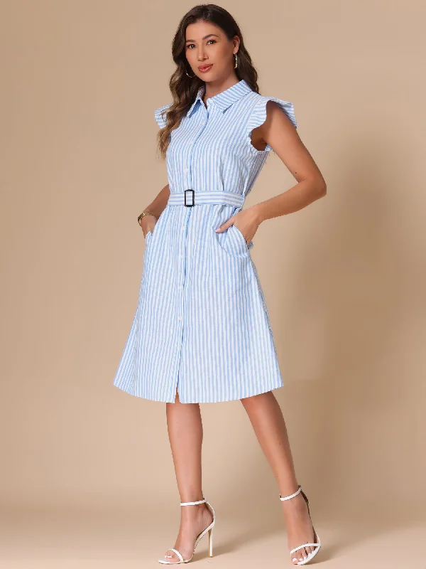 women's tall dressesStriped Collar Ruffled Sleeve Belted Midi Shirt Dress