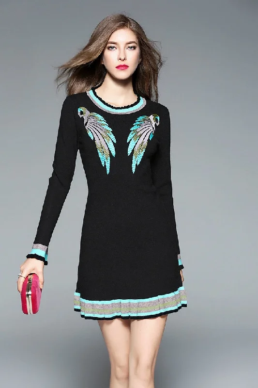 Laced DressParrot Embroidered Mini Sweater Dress