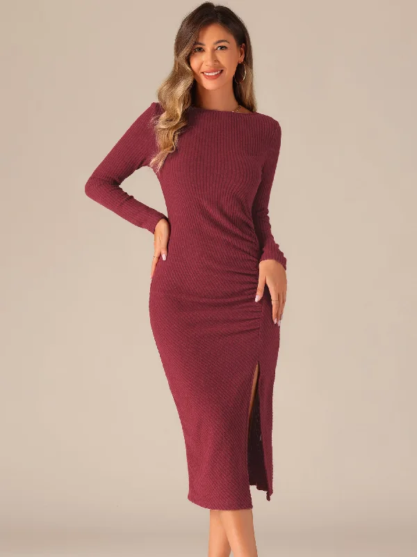 women's stylish dressesCasual Long Sleeve Crew Neck Ruched Slit Knitted Midi Sweater Dress