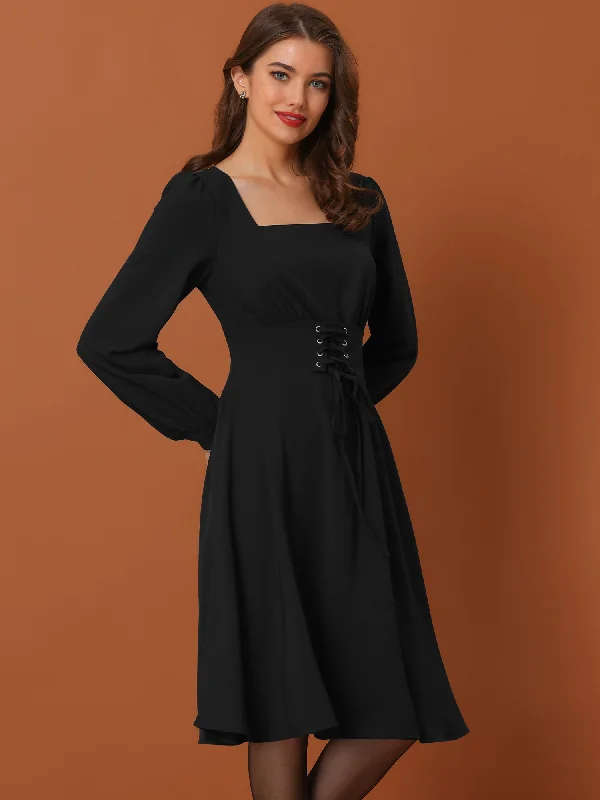 women's denim dressesSquare Neck Lace Up Lantern Long Sleeve Midi A-Line Dress