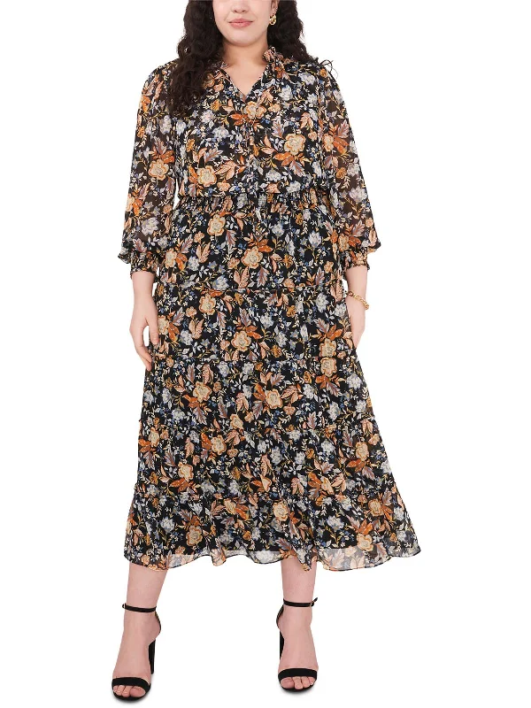 Flutter-Sleeve DressPlus Womens Chiffon Floral Maxi Dress