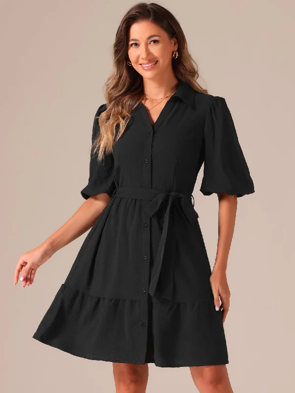 women's maternity dressesBelted Puff Short Sleeve Midi A-Line Shirt Dress