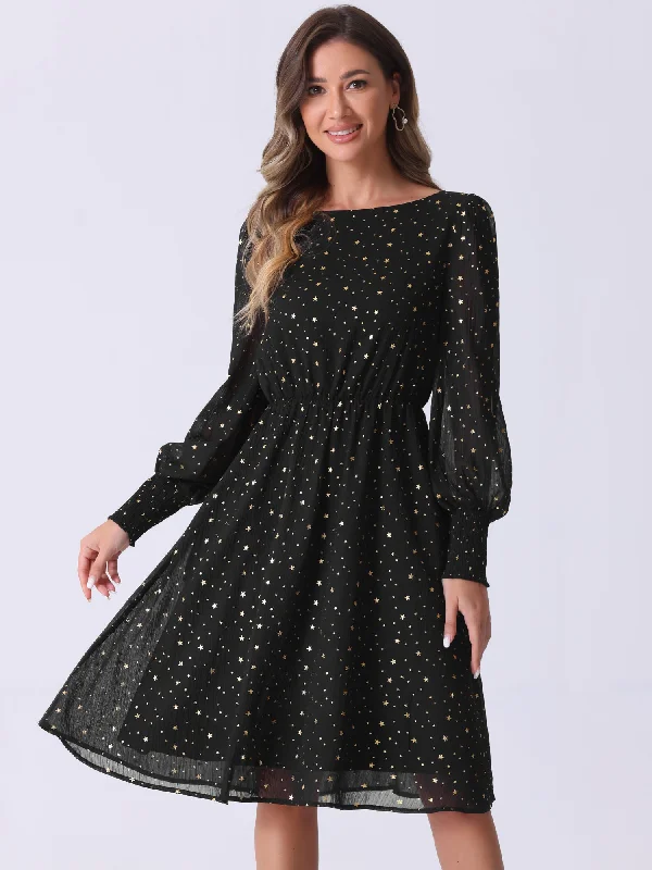 women's eco-friendly dressesPuff Long Sleeve Metallic Stars Boat Neck Pockets Mesh Midi Dress