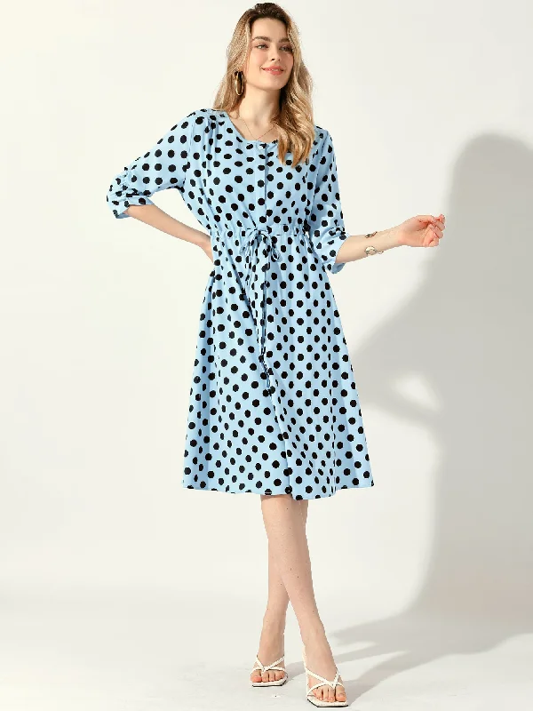 Custom DressPolka Dots Print Ruched Sleeve Button Drawstring Waist Midi Dress