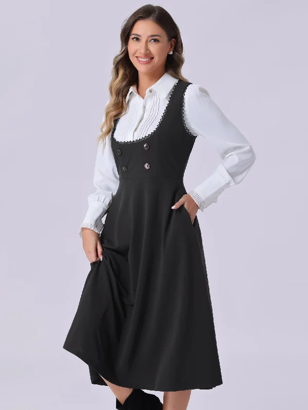 women's casual Friday dressesLace Trim Button Decor Pockets Overalls Midi Pinafore Dress