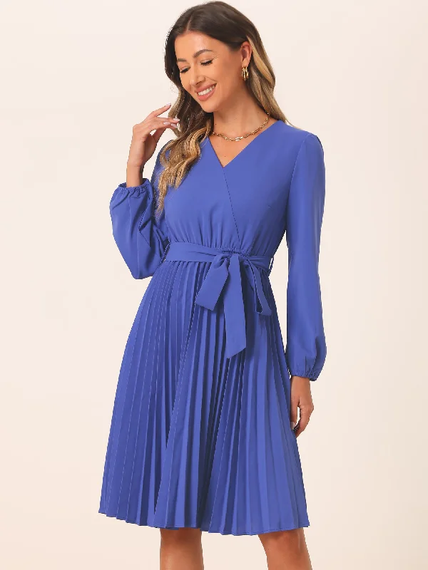 women's lightweight dressesPuff Long Sleeve Flowy A-Line Tie Waist Pleated Midi Dress