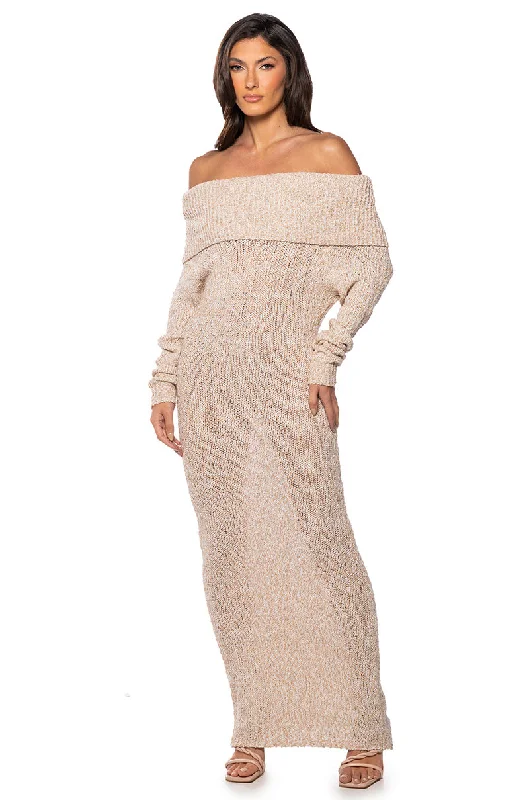 women's stretchy dressesSTORM OFF THE SHOULDER MAXI SWEATER DRESS