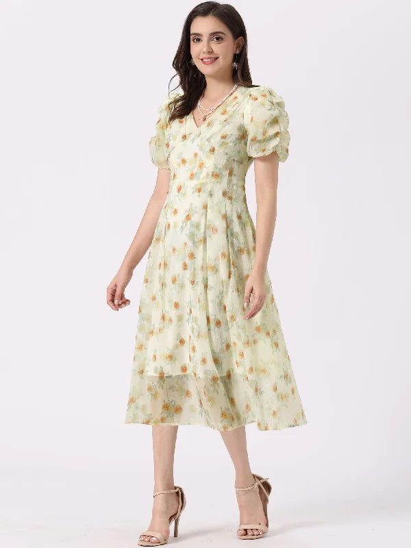 women's easy-to-wear dressesFloral Print Short Sleeve Cinched Waist Long Midi Dress