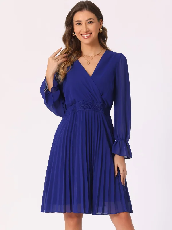 Laced DressV Neck Smocked Long Sleeve Pleated Midi Dress