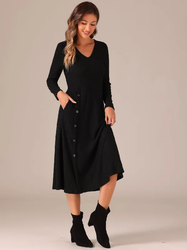 Custom DressLong Sleeve Button Decor Pockets A-Line Midi Knit Sweater Dress