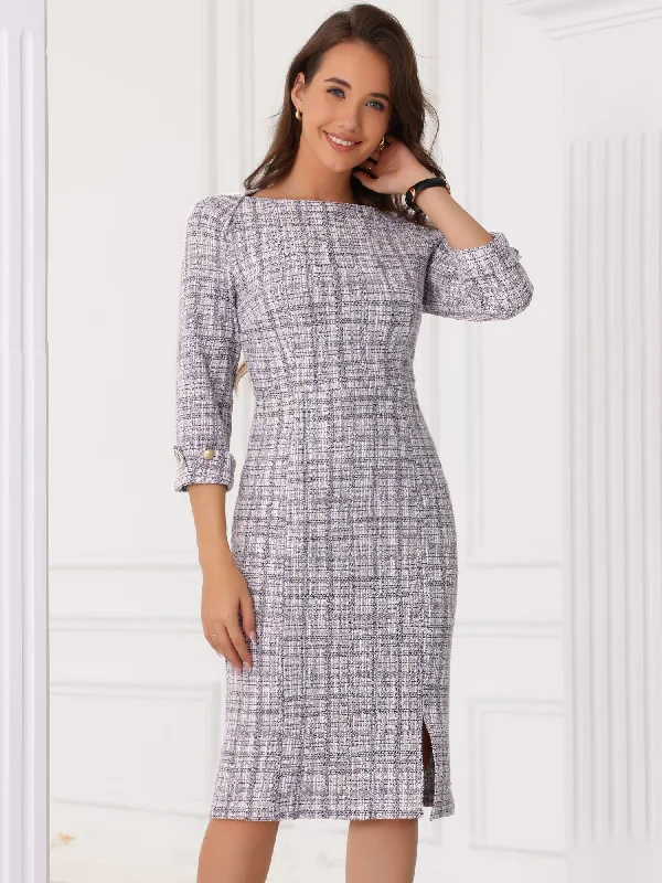 women's beach dressesTweed Boat Neck 3/4 Sleeve Plaid Midi Sheath Dress