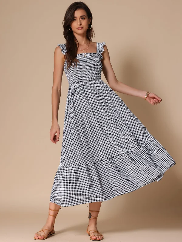 Cut-Out DressGingham Sleeveless Flowy A-Line Tiered Hem Smocked Midi Dress