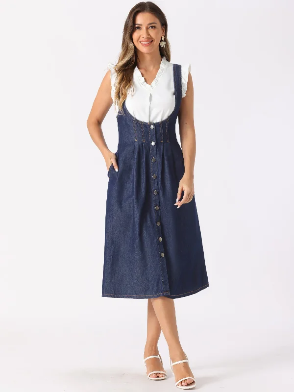 women's unique dressesSuspender Dress Button Front Classic U Neck Overall Denim Midi Dress with Pockets